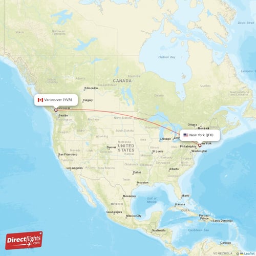 Vancouver - New York direct flight map
