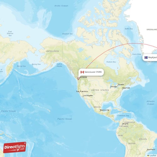 Vancouver - Reykjavik direct flight map