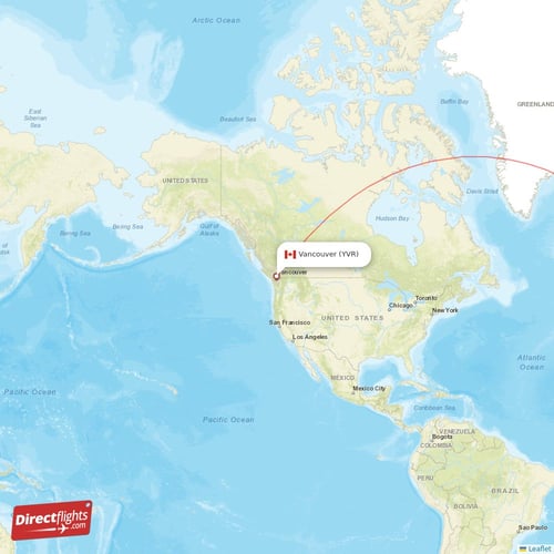 Vancouver - London direct flight map