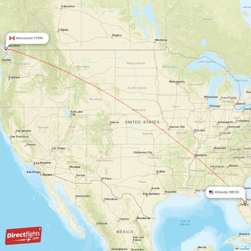 Vancouver - Orlando direct flight map
