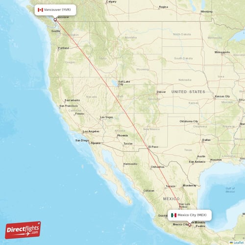 Vancouver - Mexico City direct flight map