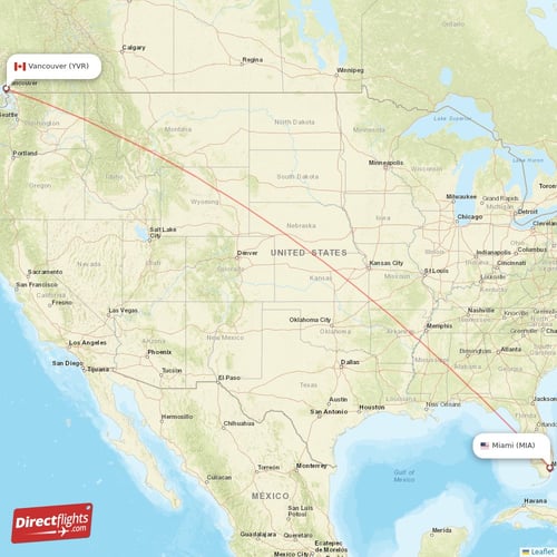 Vancouver - Miami direct flight map