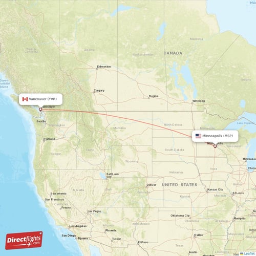 Vancouver - Minneapolis direct flight map