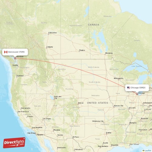 Vancouver - Chicago direct flight map