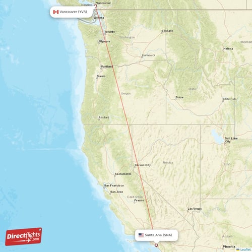Vancouver - Santa Ana direct flight map