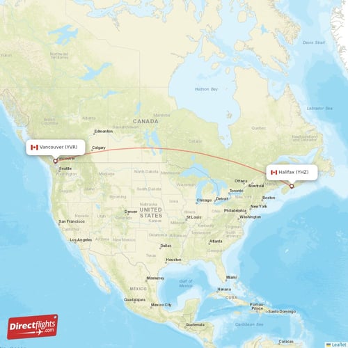 Vancouver - Halifax direct flight map