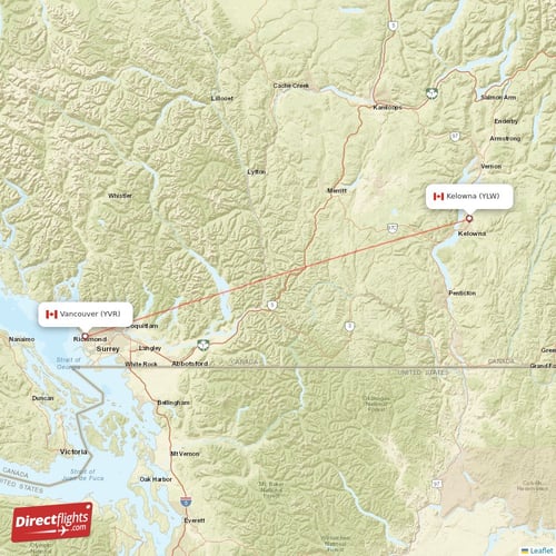Vancouver - Kelowna direct flight map