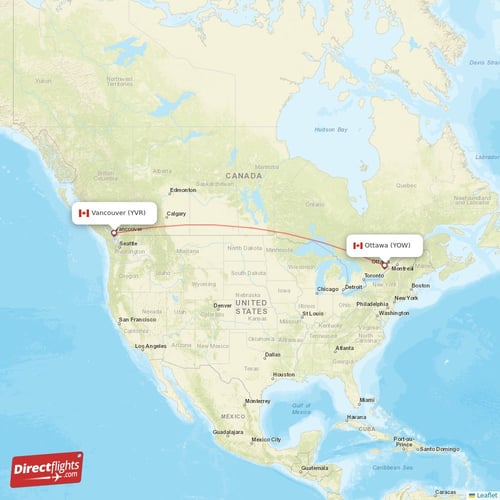 Vancouver - Ottawa direct flight map