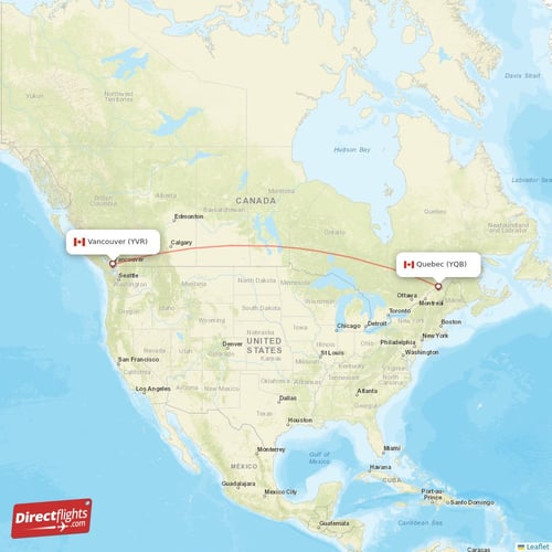 Vancouver - Quebec direct flight map