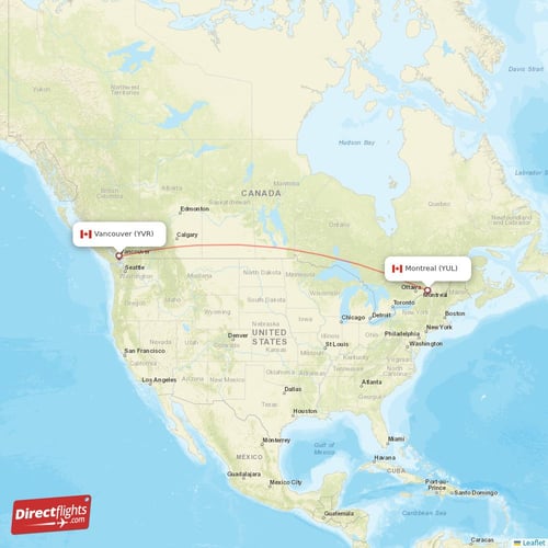 Vancouver - Montreal direct flight map