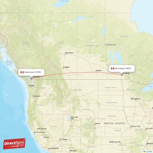 Vancouver - Winnipeg direct flight map