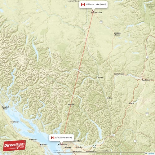 Vancouver - Williams Lake direct flight map
