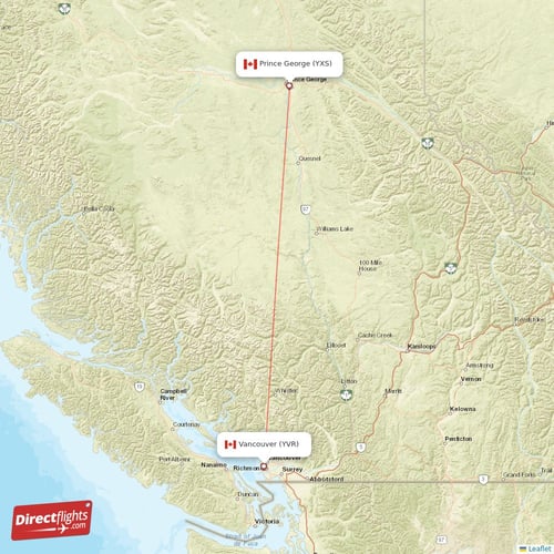 Vancouver - Prince George direct flight map
