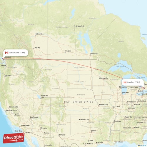 Vancouver - London direct flight map