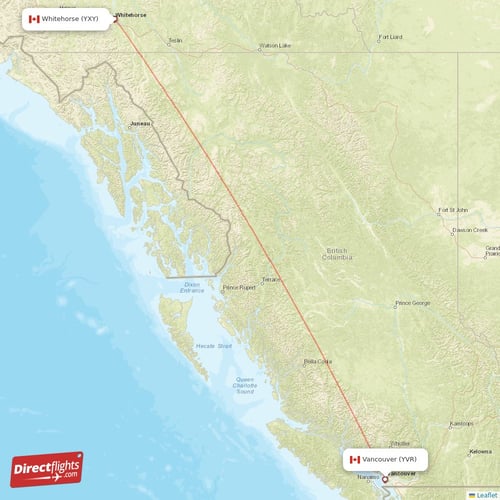 Vancouver - Whitehorse direct flight map