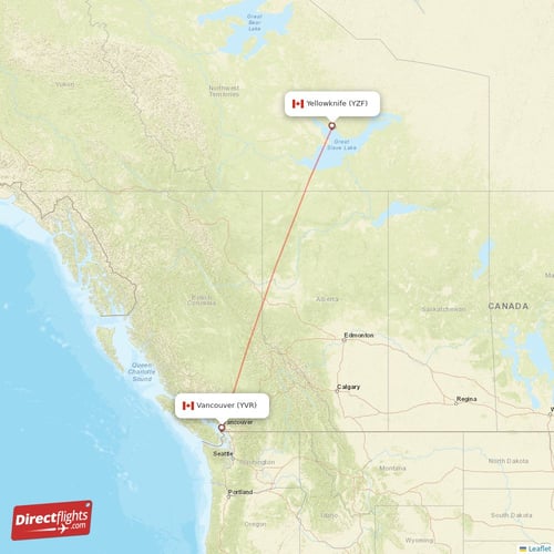 Vancouver - Yellowknife direct flight map
