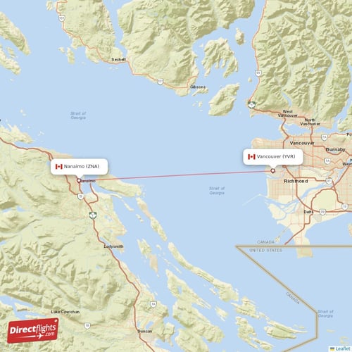 Vancouver - Nanaimo direct flight map