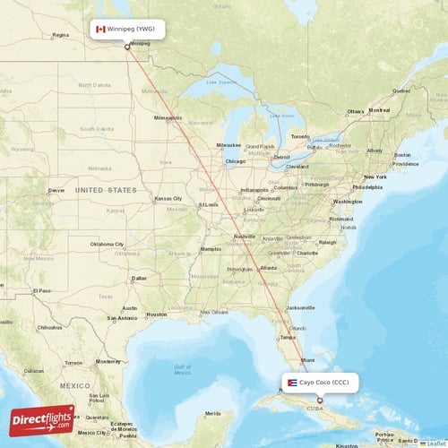 Winnipeg - Cayo Coco direct flight map