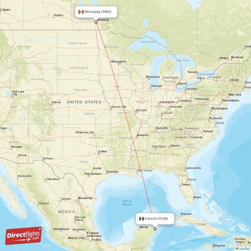 Winnipeg - Cancun direct flight map