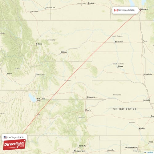 Winnipeg - Las Vegas direct flight map