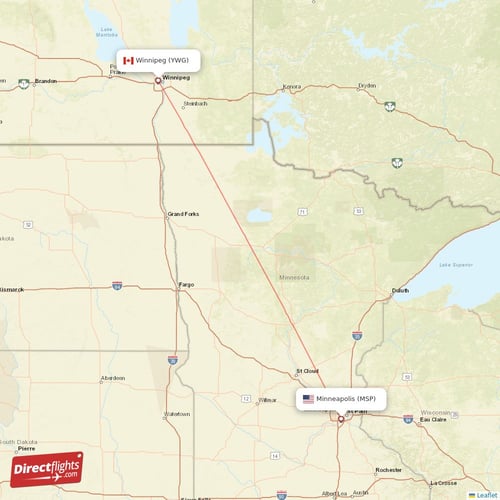 Winnipeg - Minneapolis direct flight map