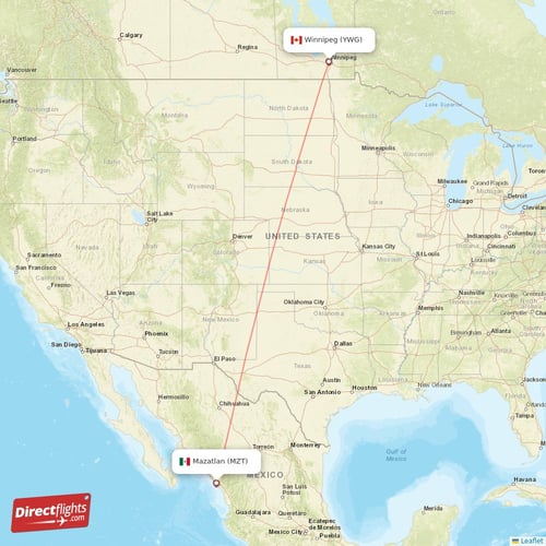 Winnipeg - Mazatlan direct flight map