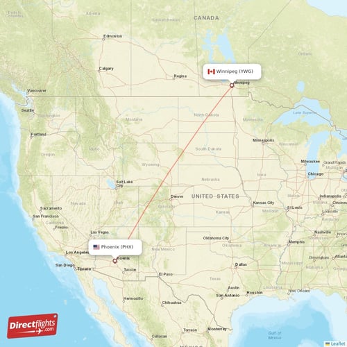 Winnipeg - Phoenix direct flight map