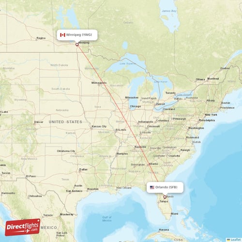 Winnipeg - Orlando direct flight map