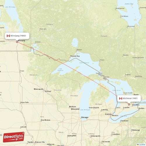 Winnipeg - Kitchener direct flight map