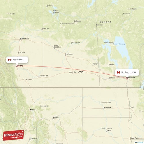 Winnipeg - Calgary direct flight map