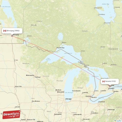 Winnipeg - Toronto direct flight map
