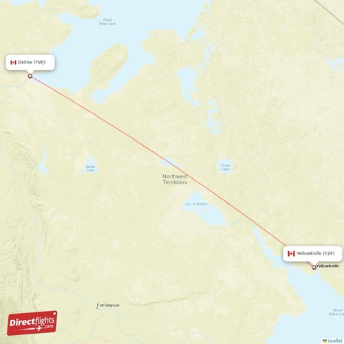 Deline - Yellowknife direct flight map