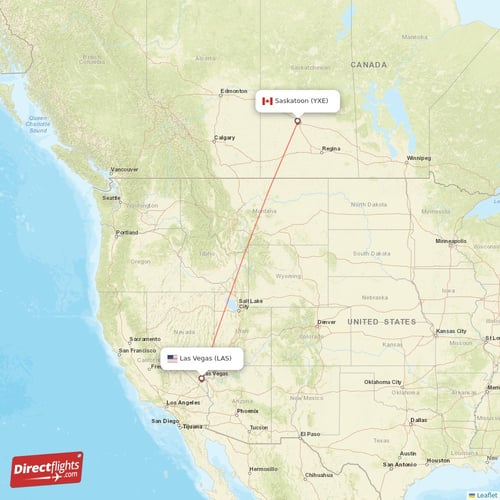 Saskatoon - Las Vegas direct flight map