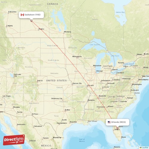 Saskatoon - Orlando direct flight map