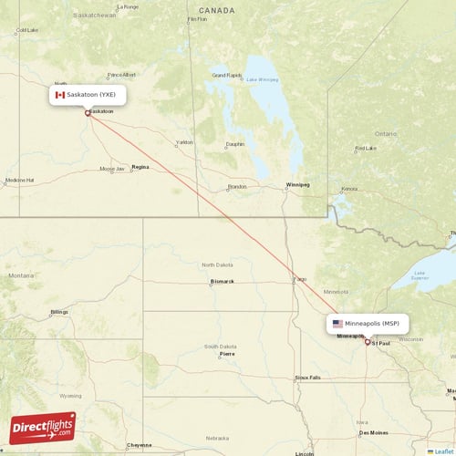 Saskatoon - Minneapolis direct flight map
