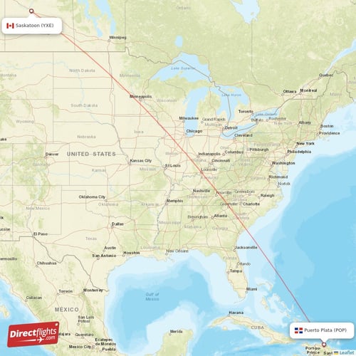 Saskatoon - Puerto Plata direct flight map