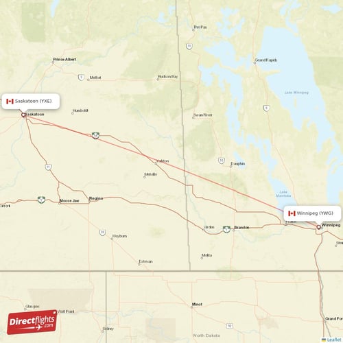Saskatoon - Winnipeg direct flight map