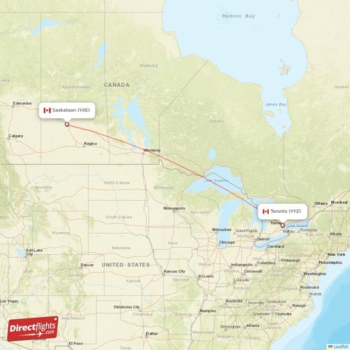 Saskatoon - Toronto direct flight map