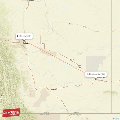 Medicine Hat - Calgary direct flight map