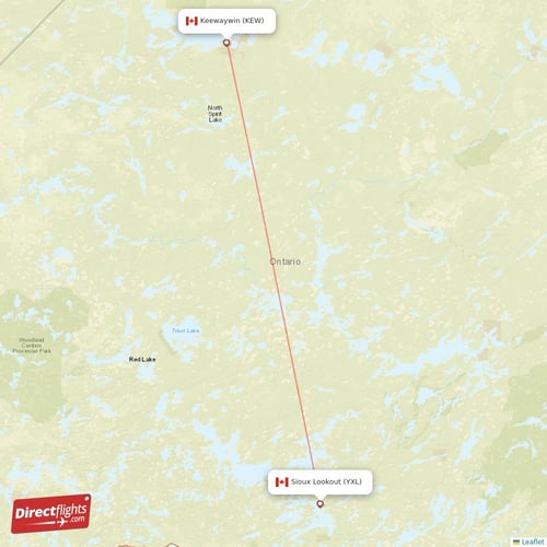 Sioux Lookout - Keewaywin direct flight map