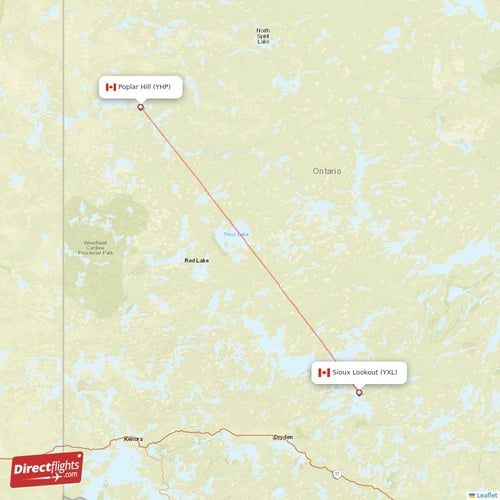 Sioux Lookout - Poplar Hill direct flight map