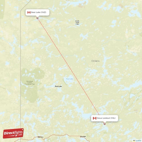 Sioux Lookout - Deer Lake direct flight map