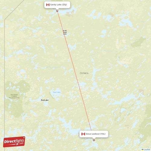 Sioux Lookout - Sandy Lake direct flight map