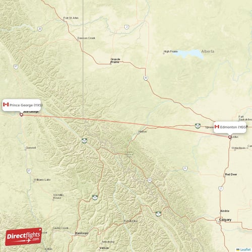Prince George - Edmonton direct flight map