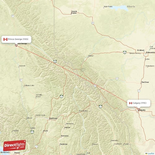 Prince George - Calgary direct flight map