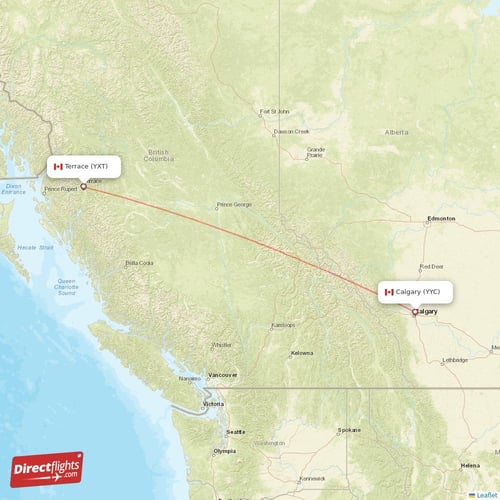 Terrace - Calgary direct flight map