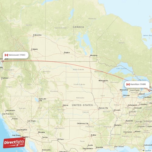 Vancouver - Hamilton direct flight map