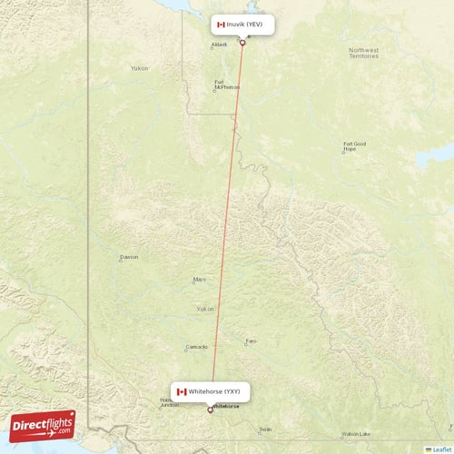 Whitehorse - Inuvik direct flight map