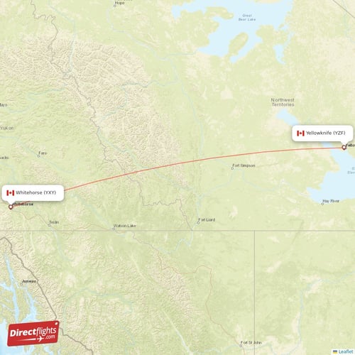 Whitehorse - Yellowknife direct flight map
