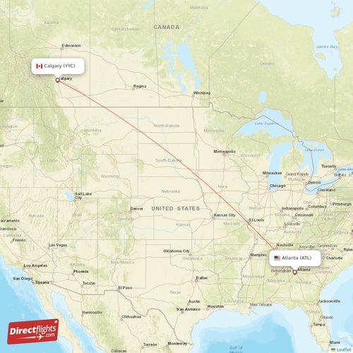 Calgary - Atlanta direct flight map